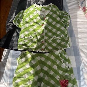 Green Gingham Short Set with Strawberry Accent